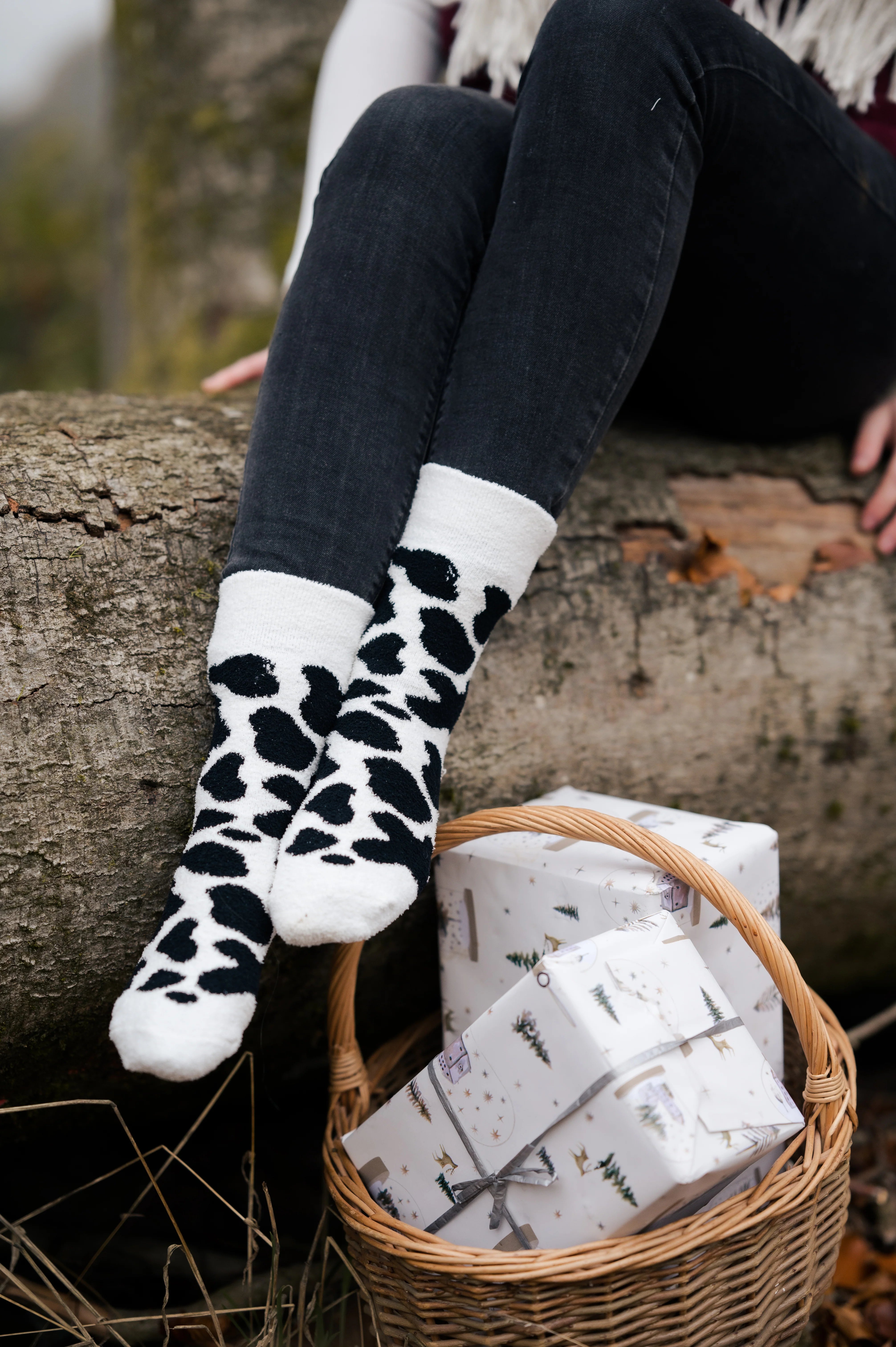 Fluffy Black Cow Print Crew Socks