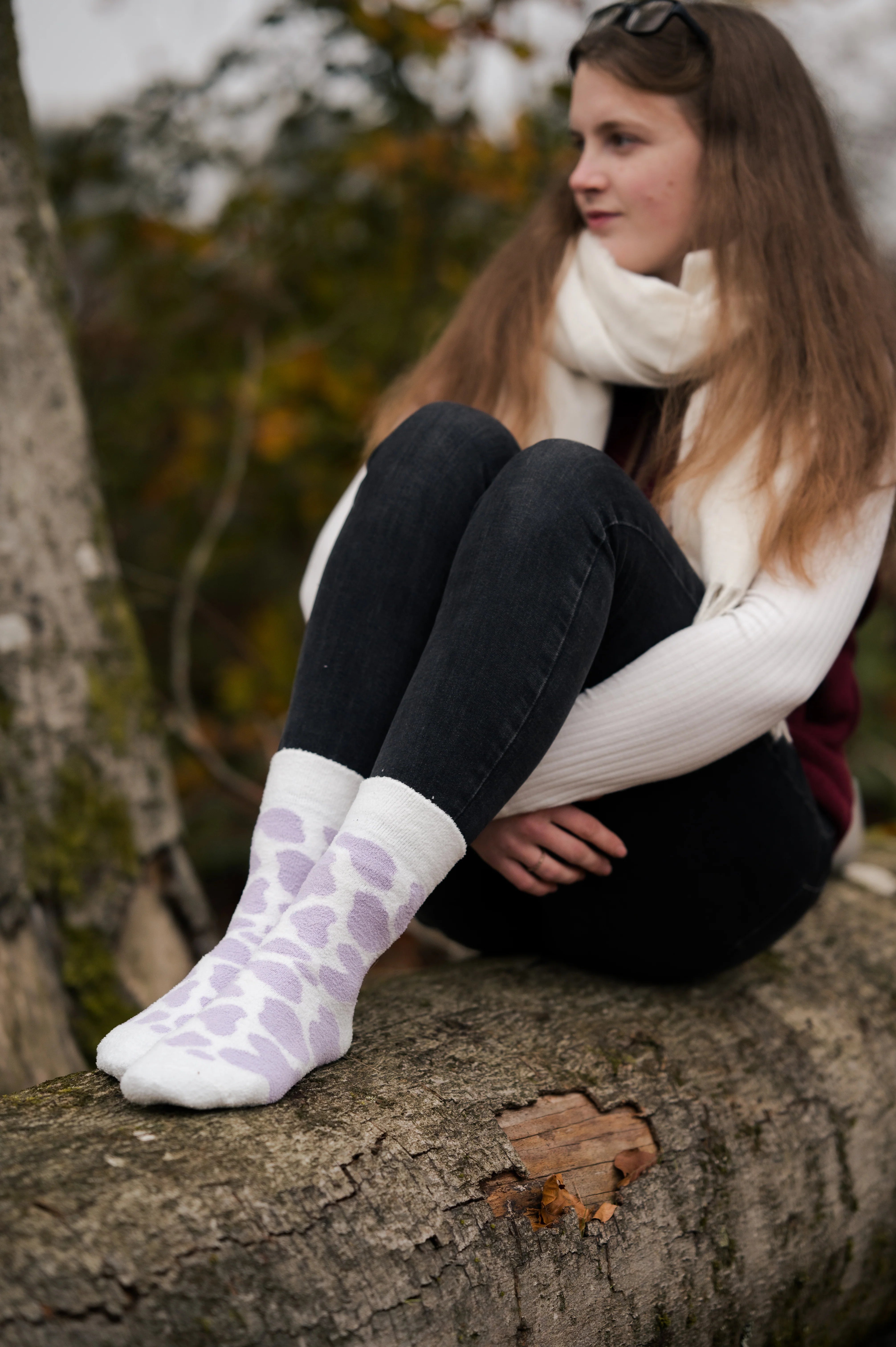 Fluffy Purple Cow Print Crew Socks