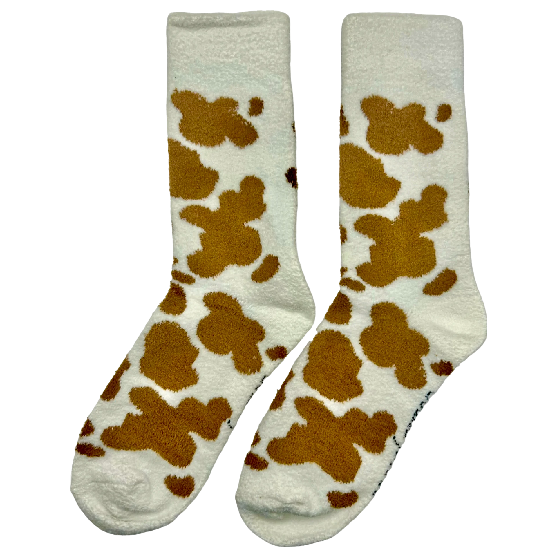 Fluffy Brown Cow Print Crew Socks