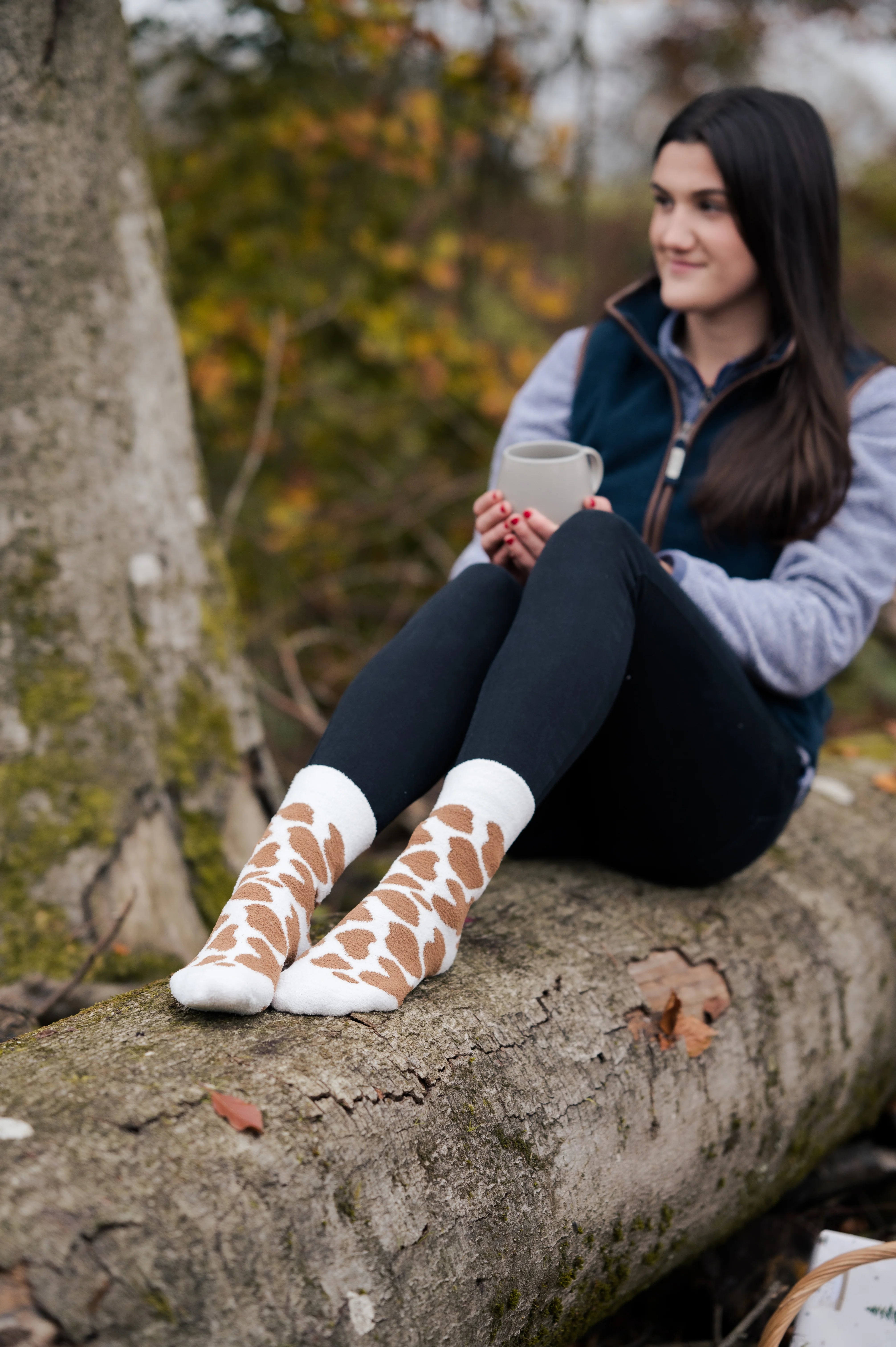 Fluffy Brown Cow Print Crew Socks