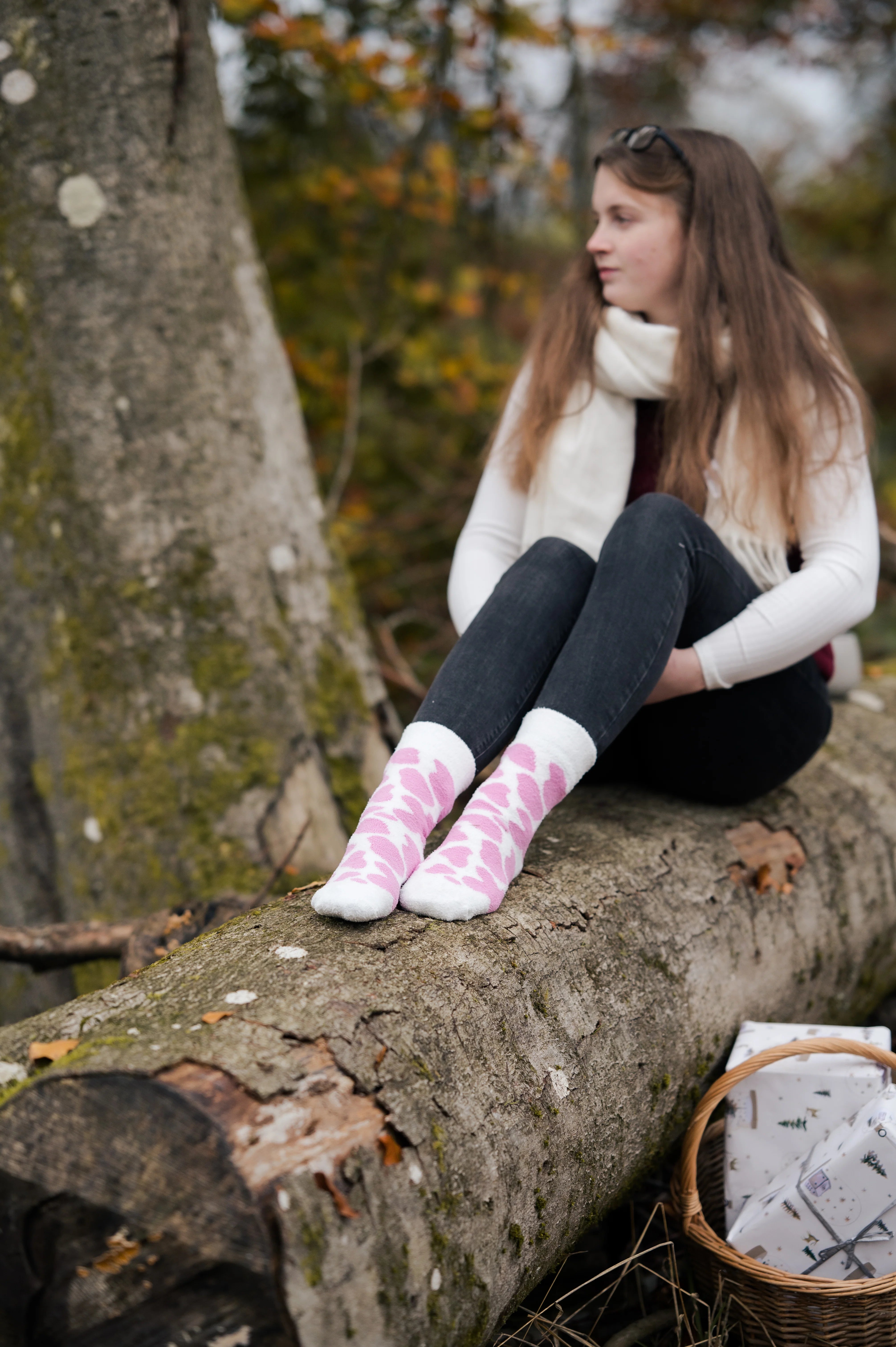 Fluffy Pink Cow Print Crew Socks